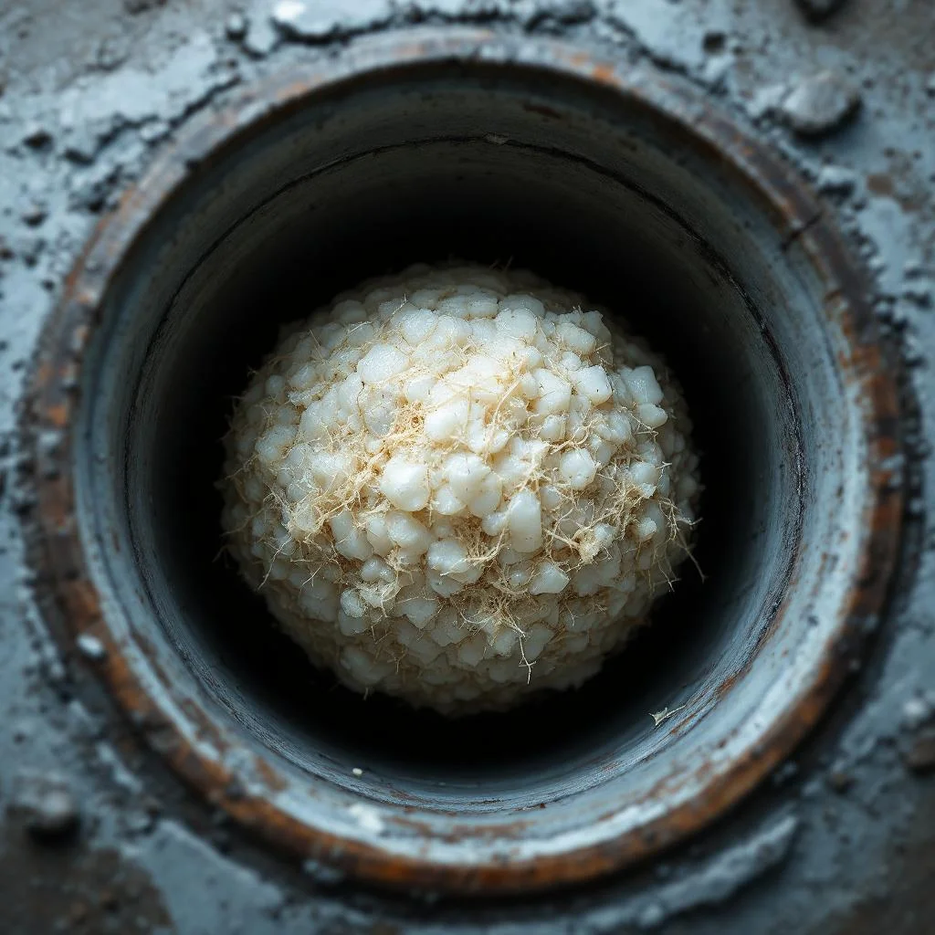 Looking into open residential inspection chamber revealing dense blockage of congealed fat and debris at pipe entrance