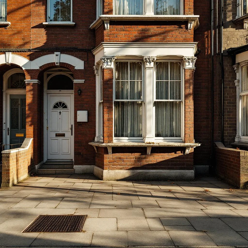 Classic Victorian London terraced house with red brick and bay window, drain inspection cover in front path