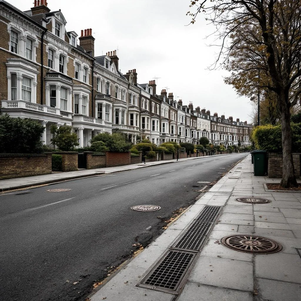 Wide view of a London residential street with Victorian terraces and multiple drain covers and chamber lids in pavement