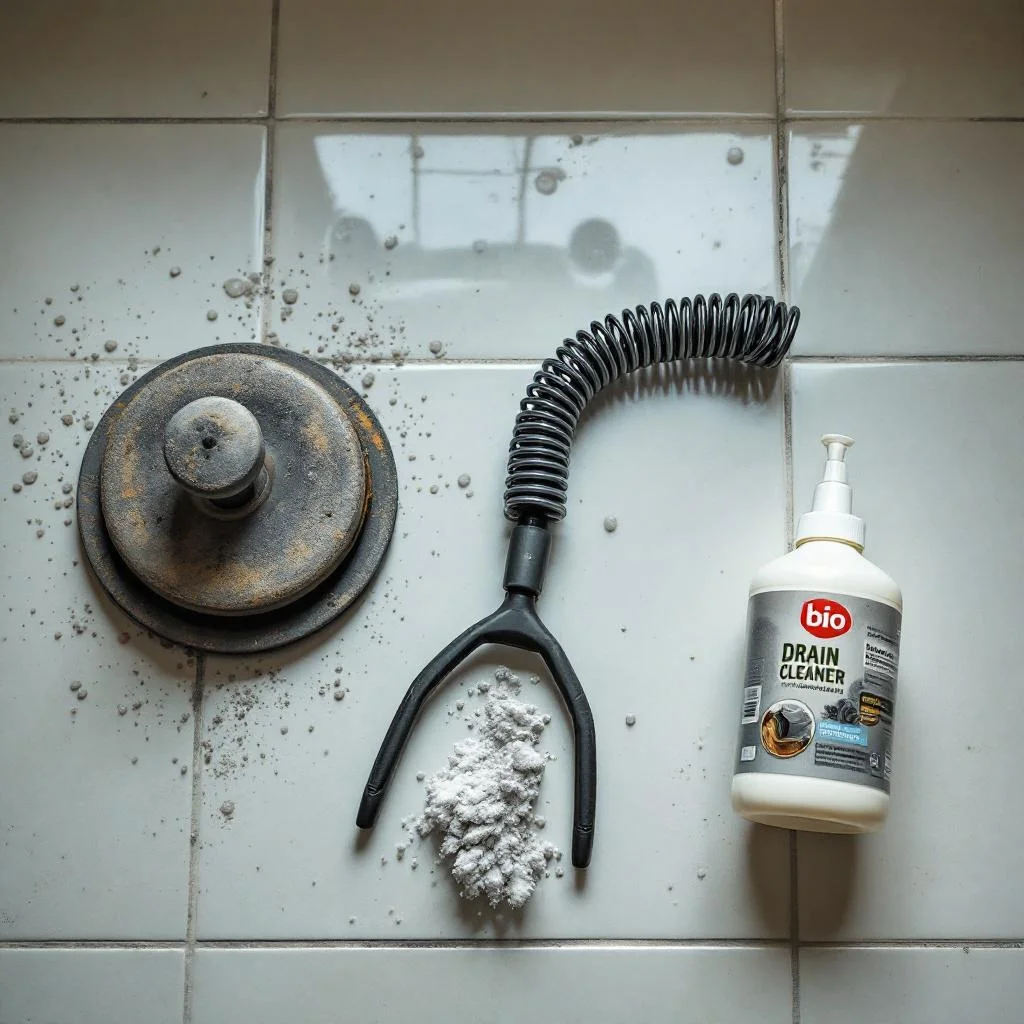 Collection of drain-clearing tools on bathroom floor — plunger, hand-snake coil and drain cleaner bottle