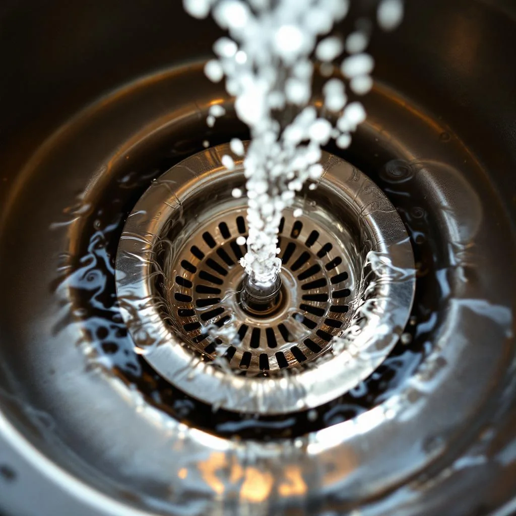 Kitchen sink drain with stainless steel mesh strainer catching food debris, clean water swirling around it