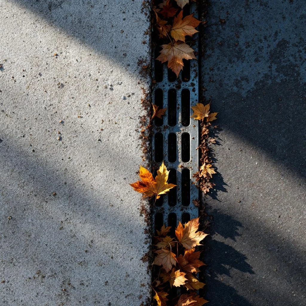 Clean metal drainage gully with a handful of leaves just beginning to accumulate at the edge, muted autumn tones, soft daylight, overhead close-up