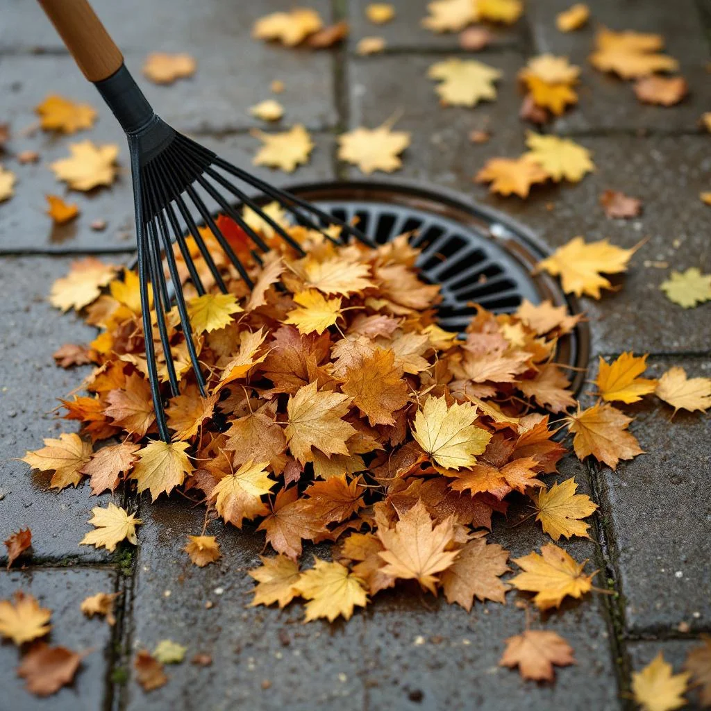 Garden rake pulling a pile of wet autumn leaves away from a metal drainage grate set into paving, overhead angle, natural daylight, documentary style