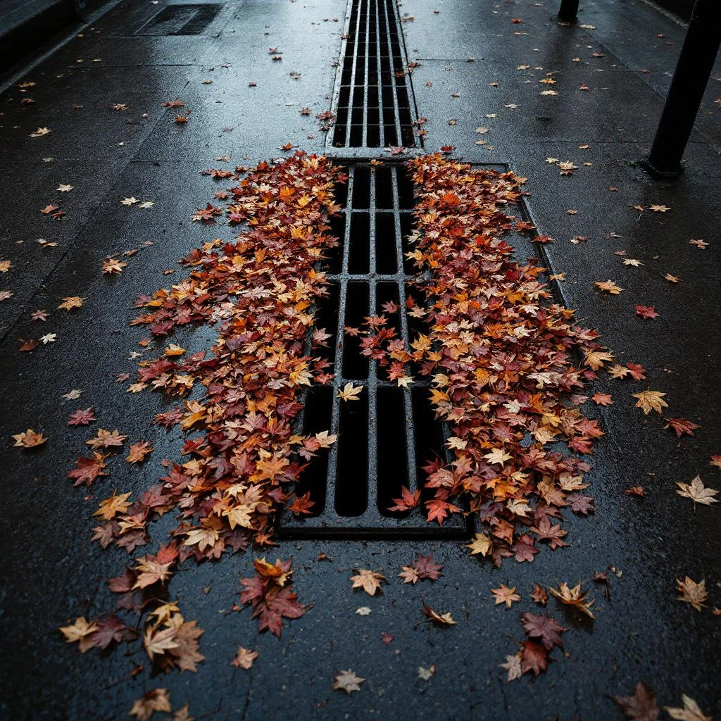 Street-level gully drain completely covered by a thick mat of fallen autumn leaves in reds, oranges and yellows on a damp London pavement, low autumn sun with long shadows