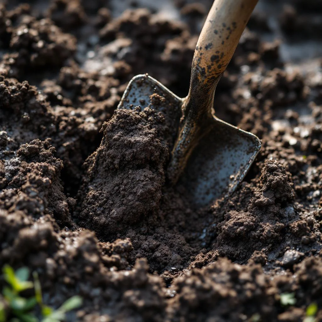 Garden spade pushed into heavy waterlogged clay soil in a North London garden, dense wet material revealed, overhead angle, natural daylight