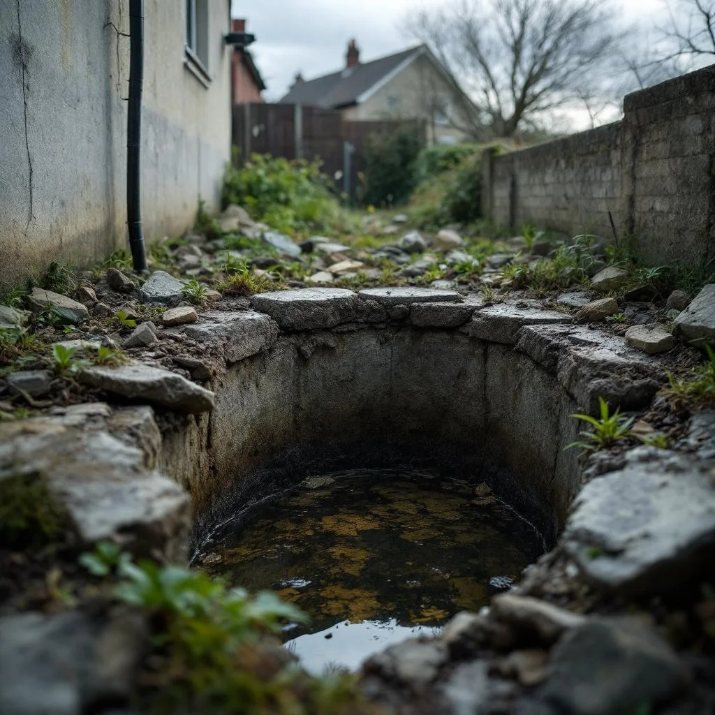 Looking down into an open rubble-filled soakaway pit in a North London back garden, partially filled with standing water, overcast daylight, documentary style