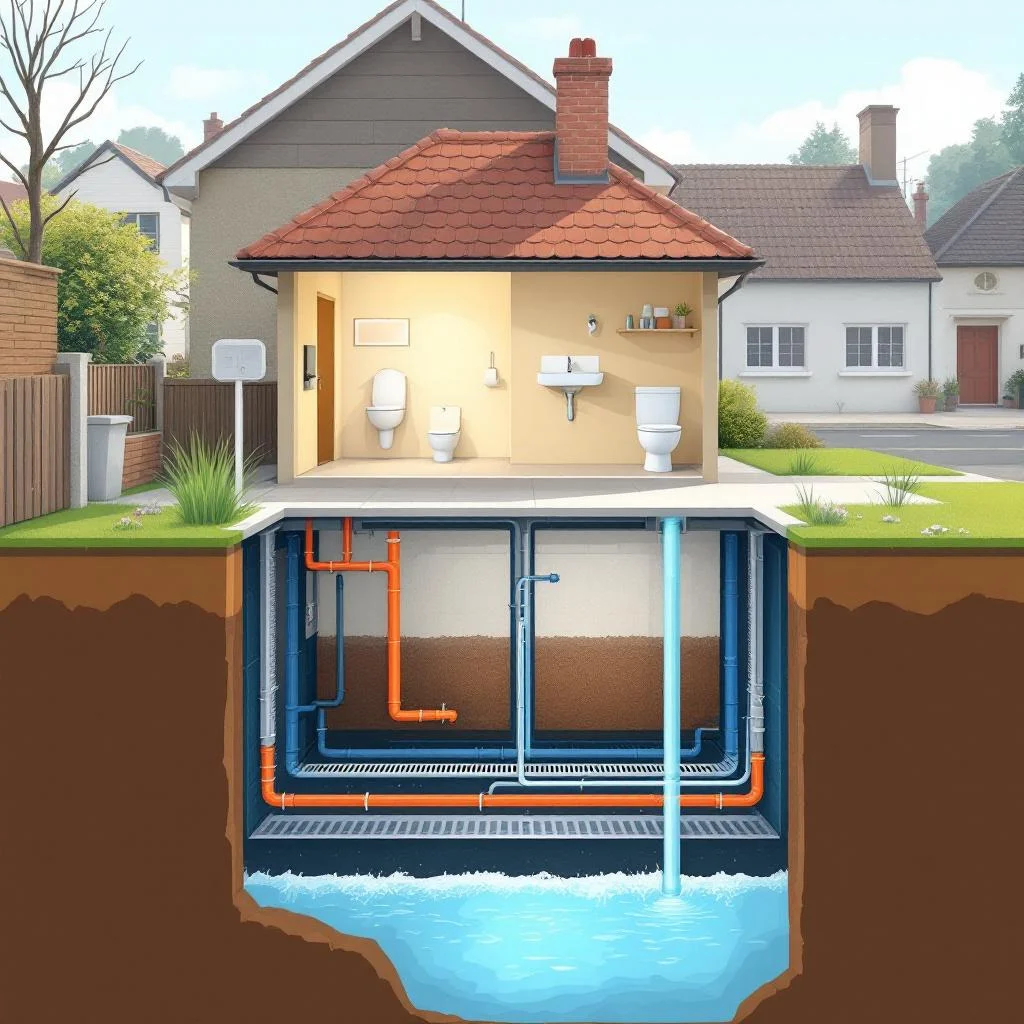 Clean technical cross-section illustration of a residential property showing drain from interior fixtures crossing property boundary under pavement to public sewer beneath road, minimal flat design
