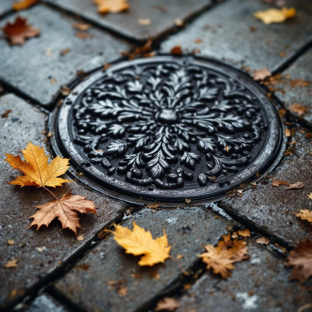 Victorian cast-iron drain cover embedded in paving stone with damp autumn leaves nearby, overhead angle, square crop, natural daylight