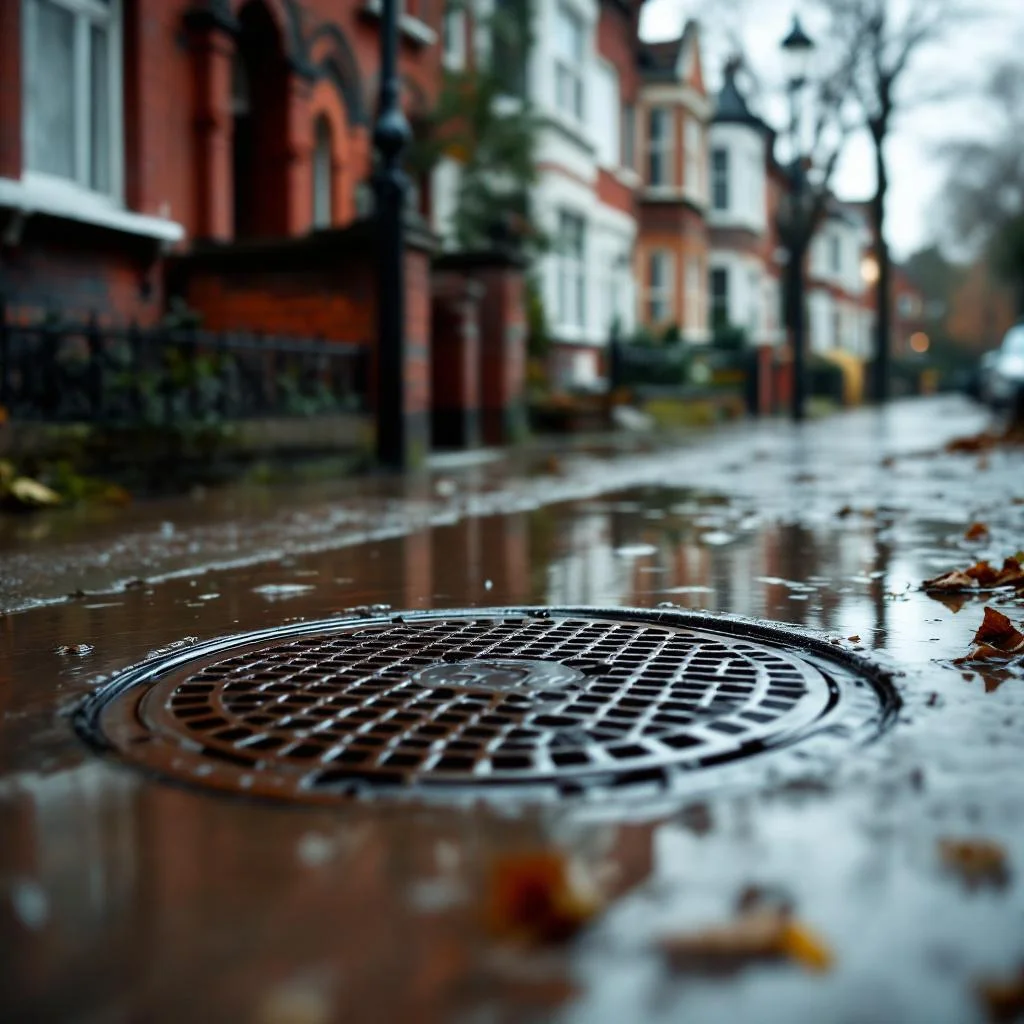 Waterlogged London terrace front garden path with gully drain cover visible, water pooling around it
