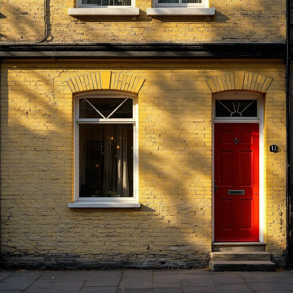 Classic East London Victorian terraced house with yellow London stock brick and painted front door, soft morning light, documentary style