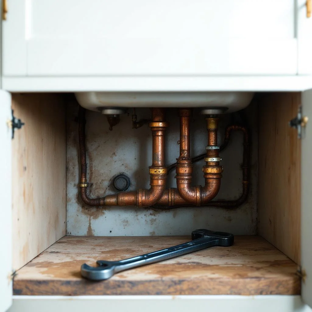 Old copper and cast-iron pipework under a Victorian terrace kitchen sink cabinet with a basin wrench resting nearby, shallow depth of field, warm tones