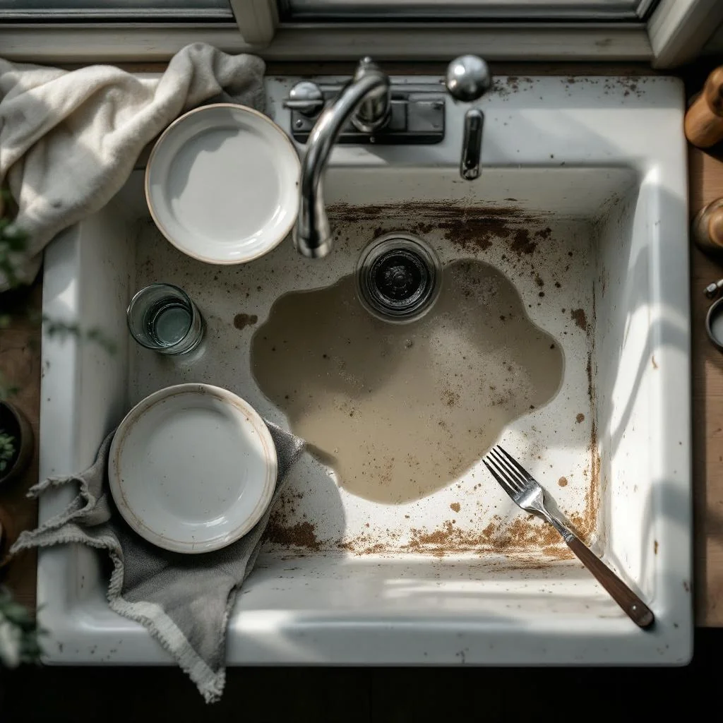 Overhead close-up of a Victorian terrace kitchen sink with standing pool of grey water that has not drained, soft natural window light, warm tones