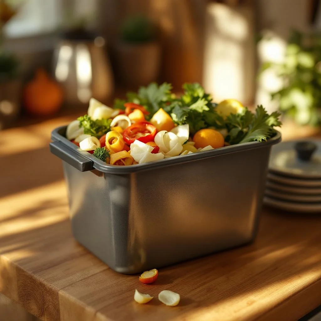 Small kitchen caddy bin filled with food scraps and peelings, lid open, on a wooden countertop, warm light, shallow depth of field, no readable text