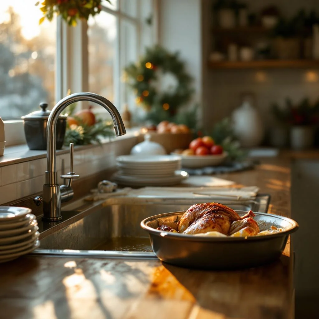 Cosy London kitchen after Christmas dinner — plates stacked by the sink, half-empty roasting tin with cooling fat, festive wreath visible at the edge of frame, warm golden hour light