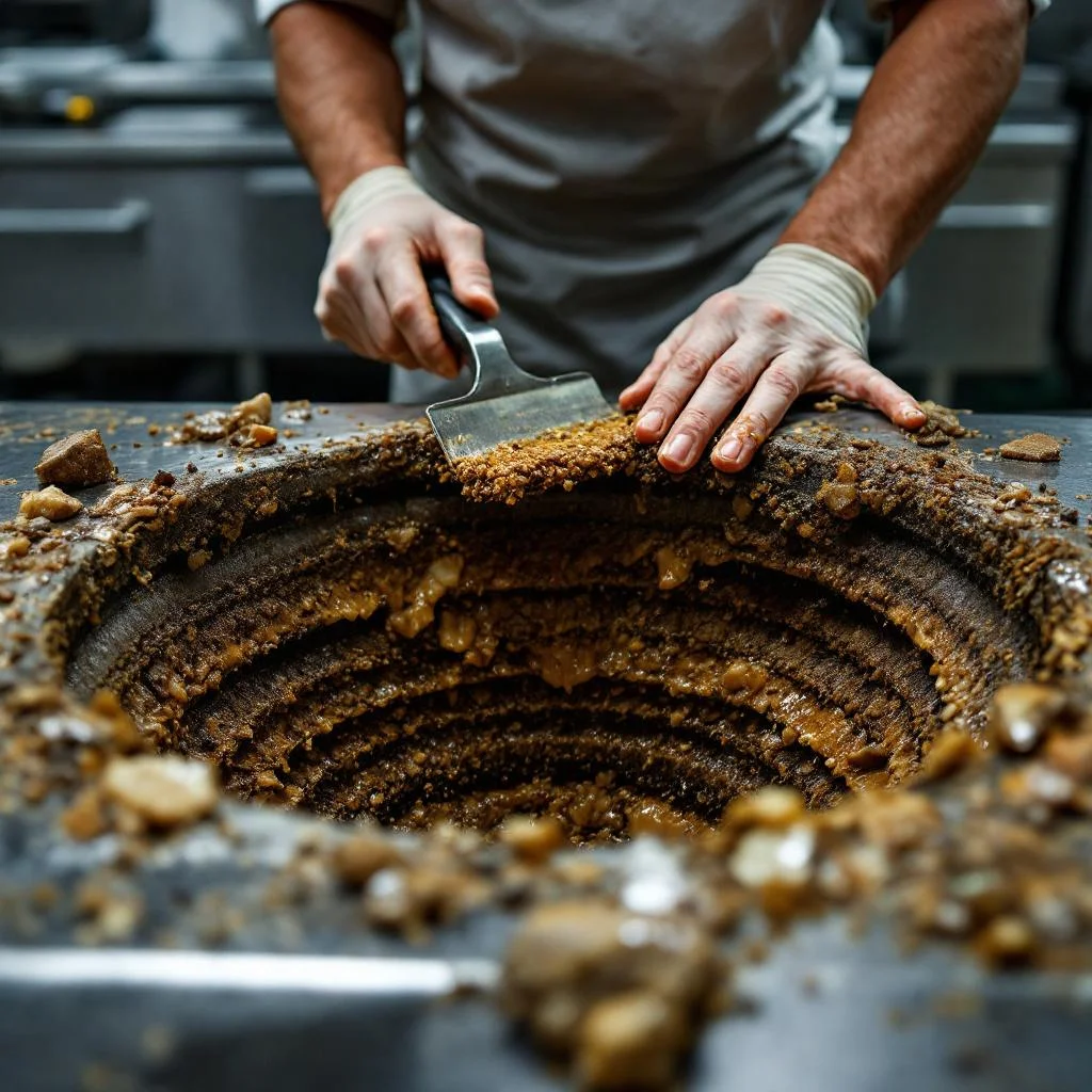 Interior of an open commercial grease trap showing solidified grease being removed, hands visible but not the person, documentary style with good work light