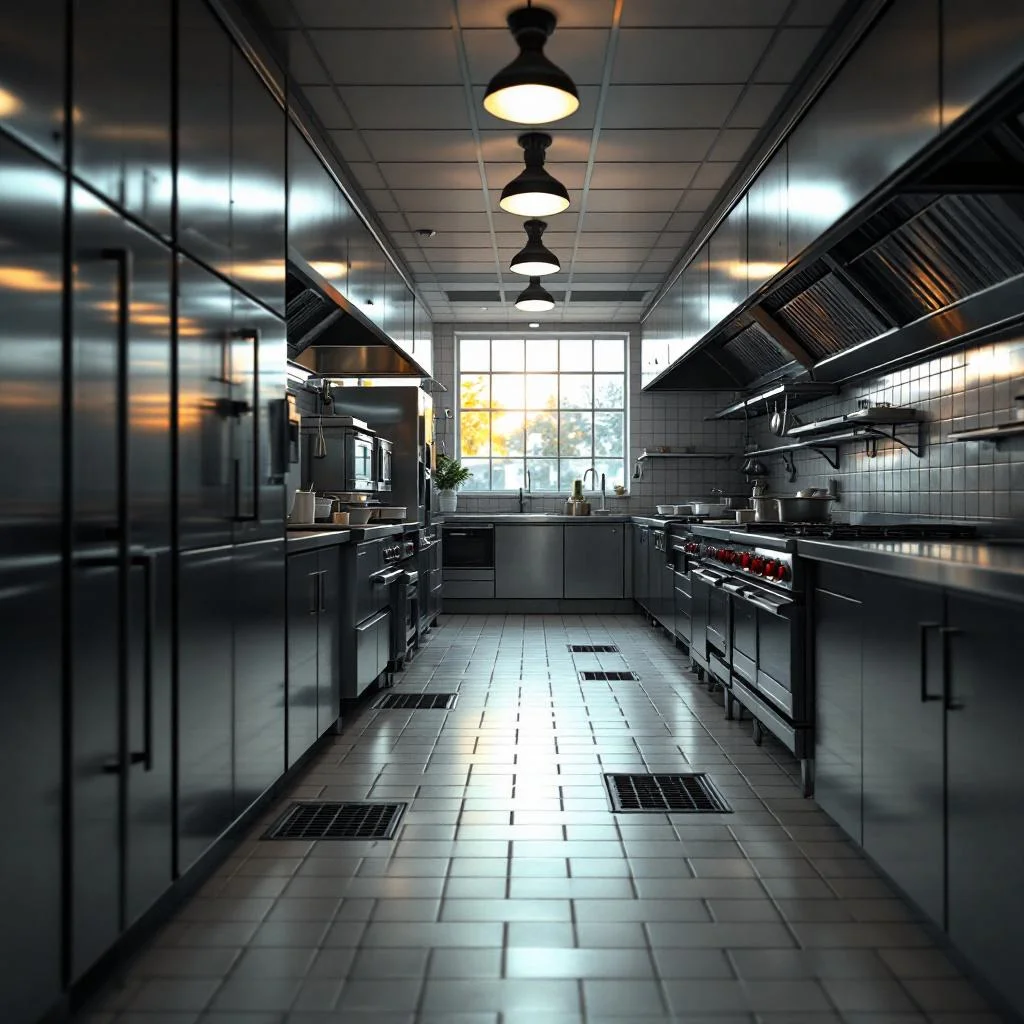 Clean empty commercial restaurant kitchen after closing, stainless steel surfaces gleaming, floor drains visible in the tiled floor, soft evening light from hanging fixtures