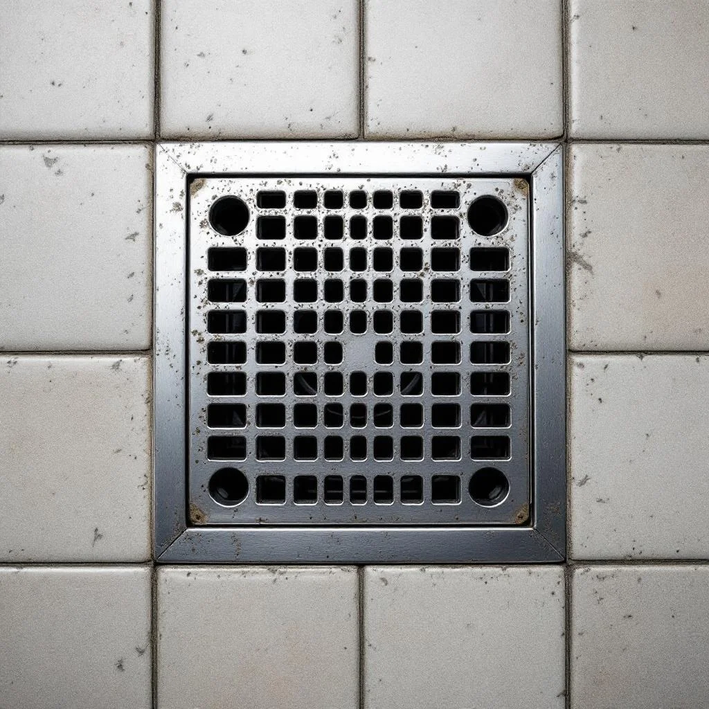 Overhead close-up of a stainless steel floor drain grate in a commercial kitchen tiled floor, clean and recently jetted, studio-like overhead light