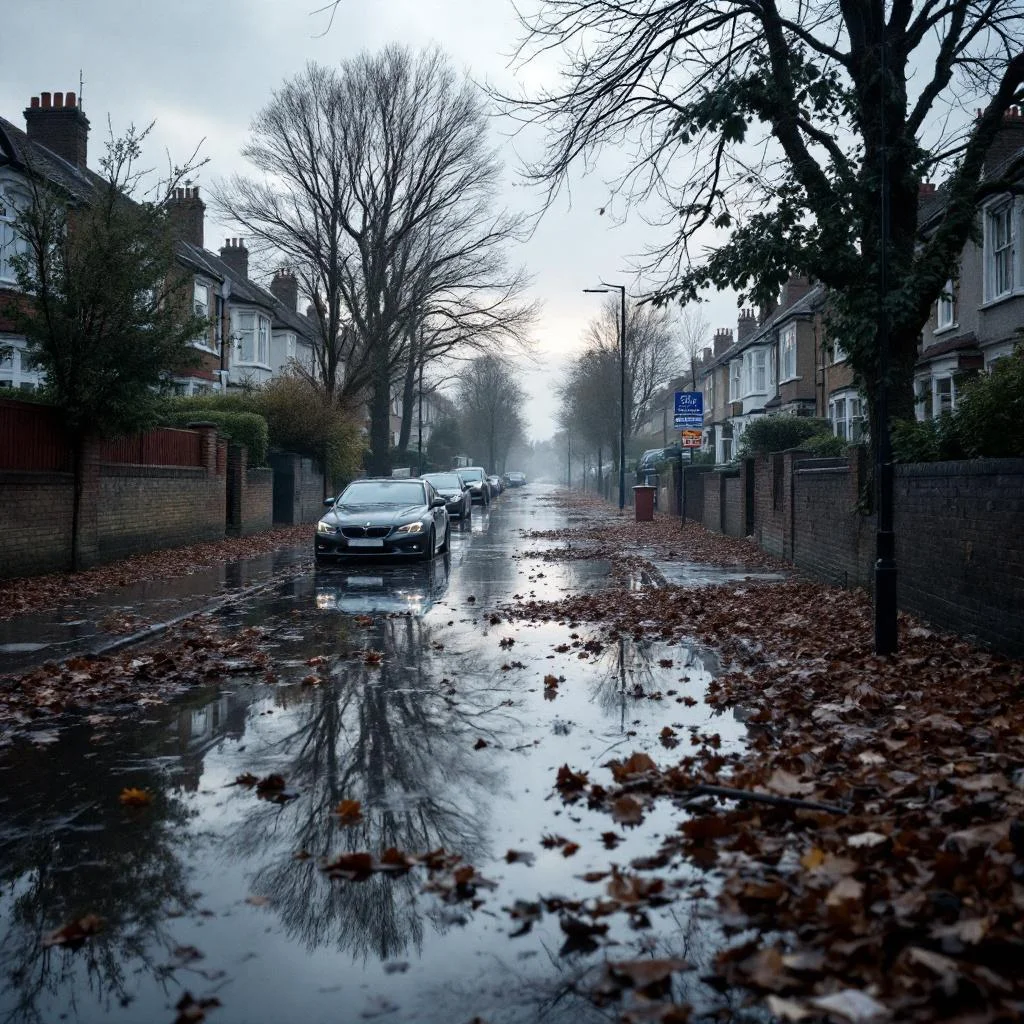 Suburban South London residential street after heavy flooding — water receded but flood marks visible on walls, displaced street debris on pavements, overcast grey daylight