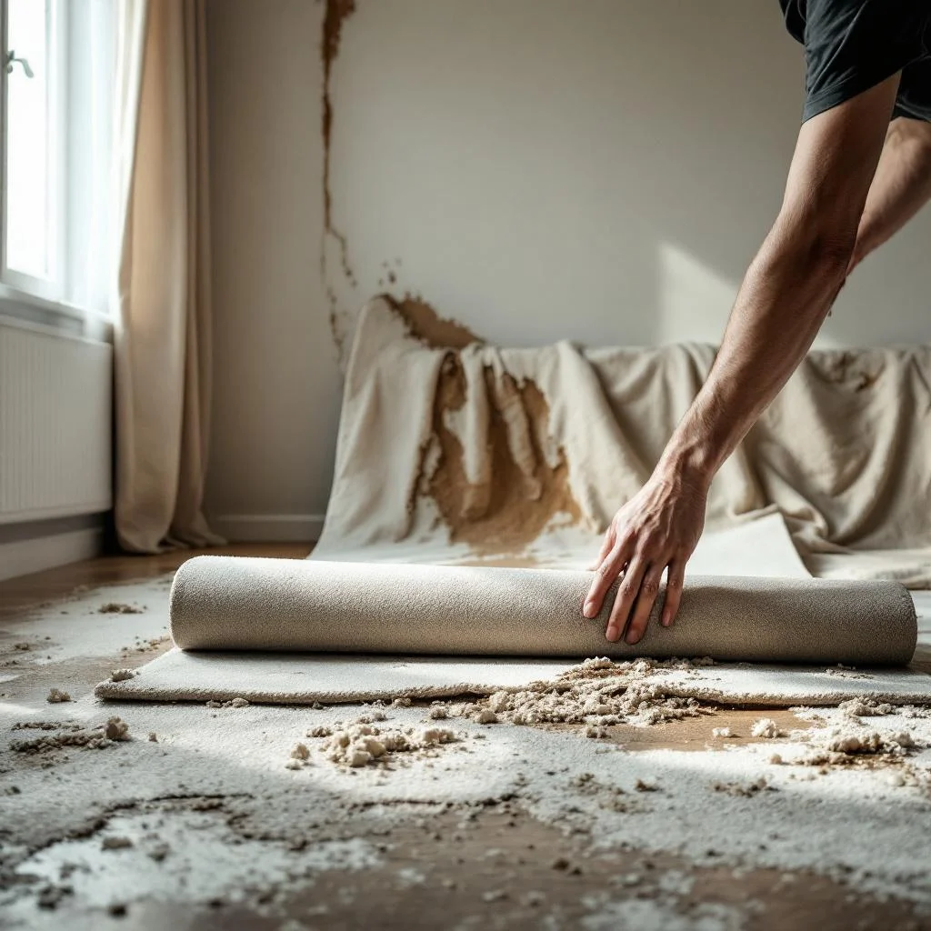 Ruined living-room carpet being rolled up after flood damage, watermark line visible on the wall behind, soft interior light, documentary style, no readable text