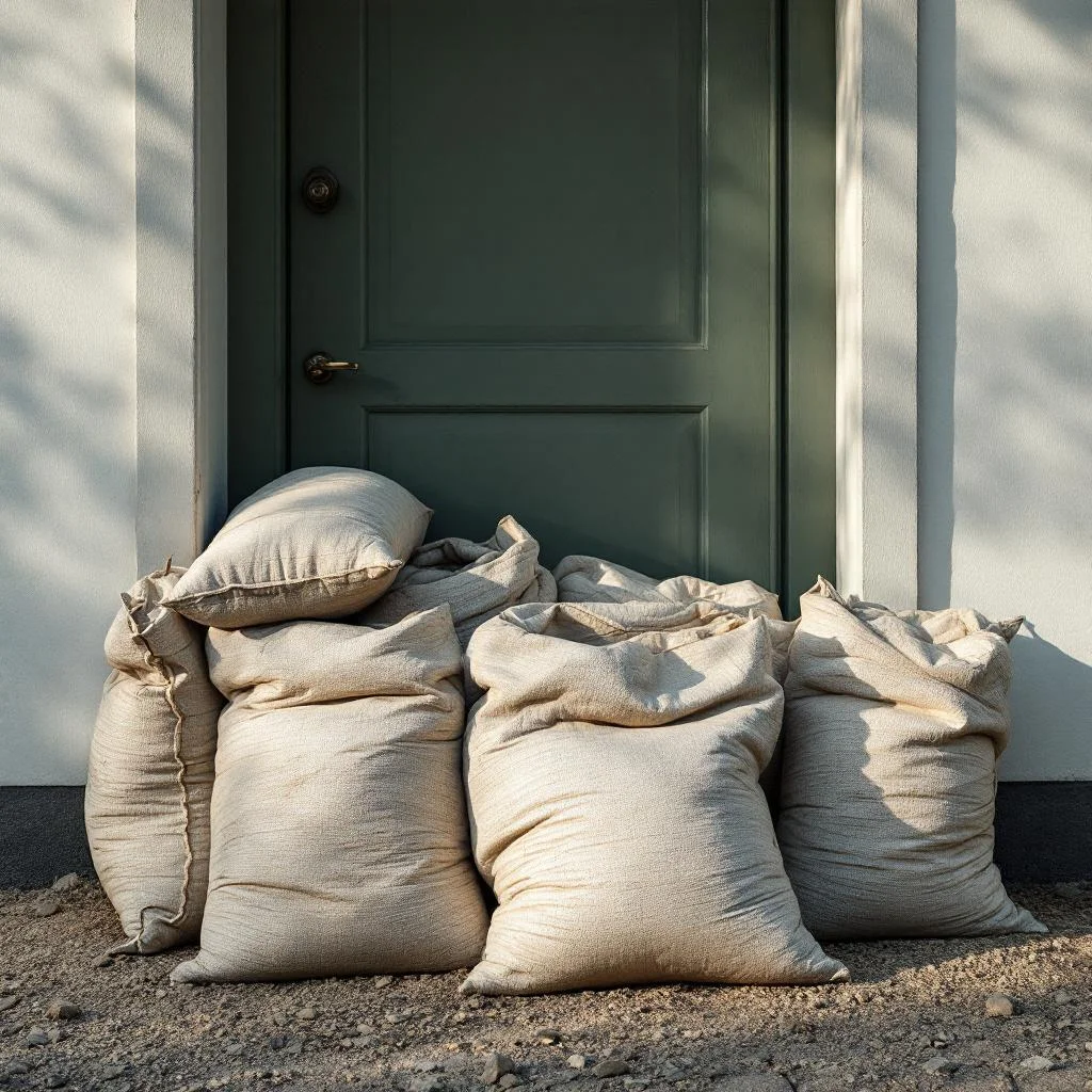 Row of filled sandbags stacked against a residential front door frame, damp and weathered, natural daylight, documentary style, no text on sandbags