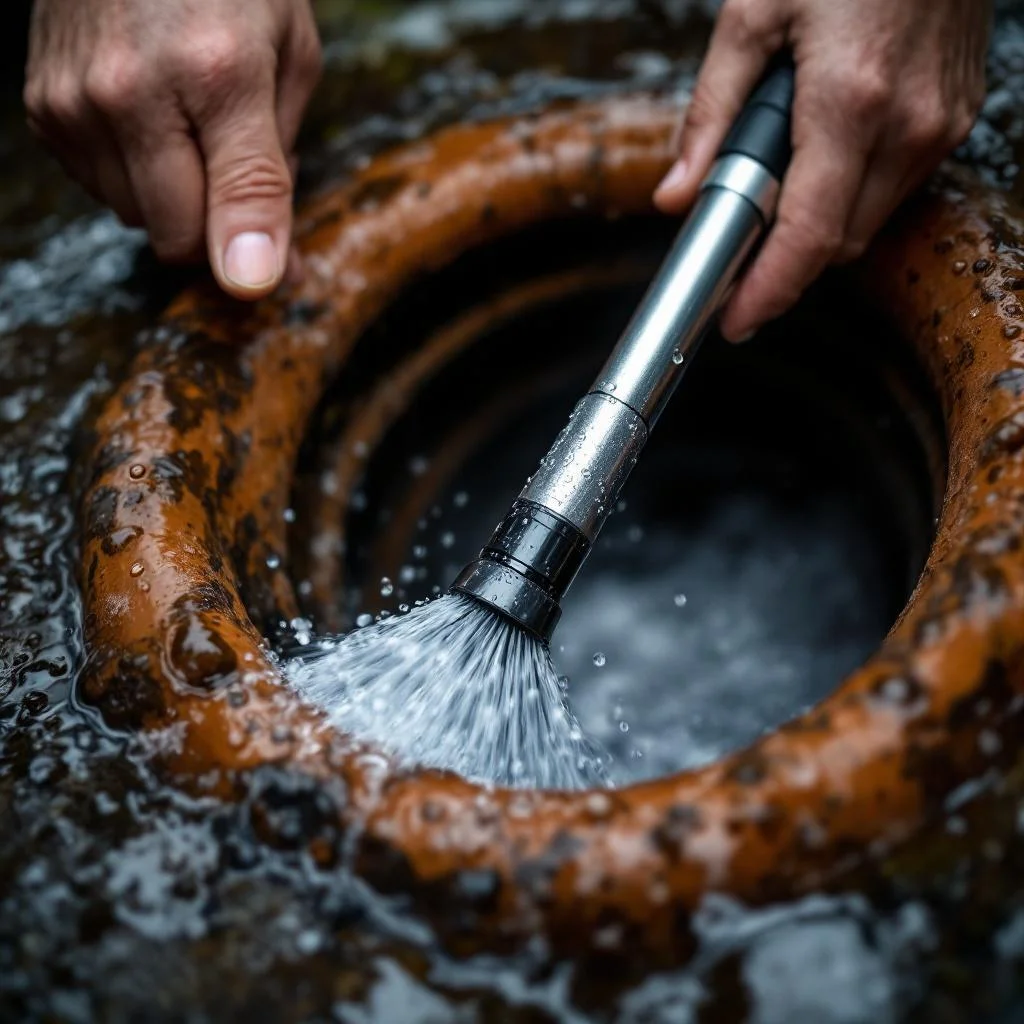 Jetting wand positioned just inside the mouth of an old clay drain pipe, water droplets on the wand, shallow depth of field, documentary lighting