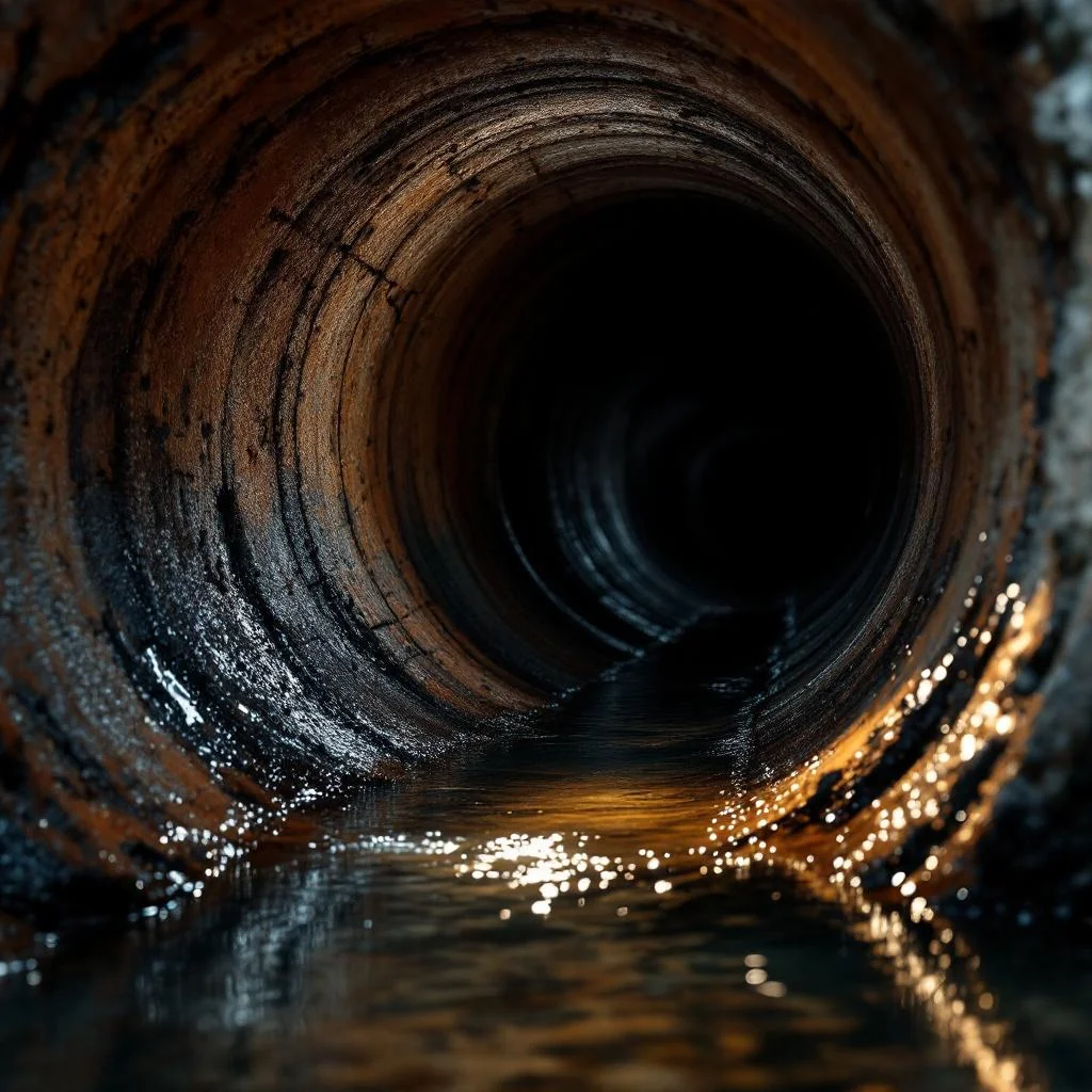 Interior view of an old clay drain pipe with slight scale build-up on the walls and a small trickle of clean water along the bottom, atmospheric camera-light lighting