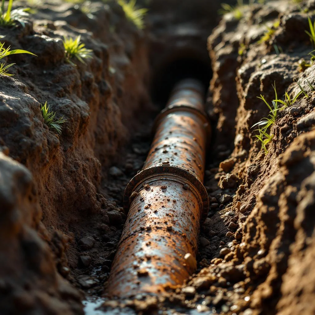 Section of old clay and cast-iron Victorian drainage pipework exposed in an excavated trench in a London garden, morning light catching the weathered surfaces