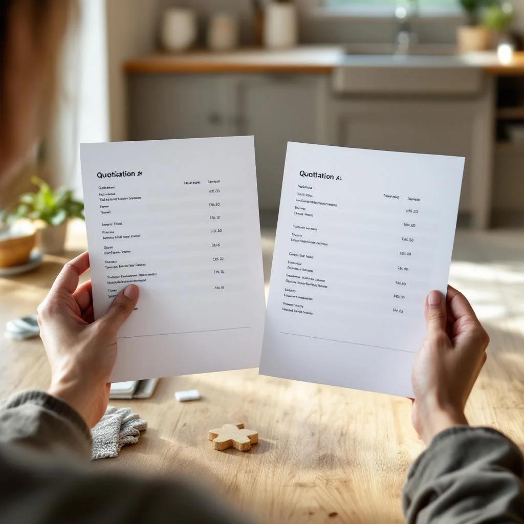 Homeowner comparing two printed drain service quotes side by side at a kitchen table