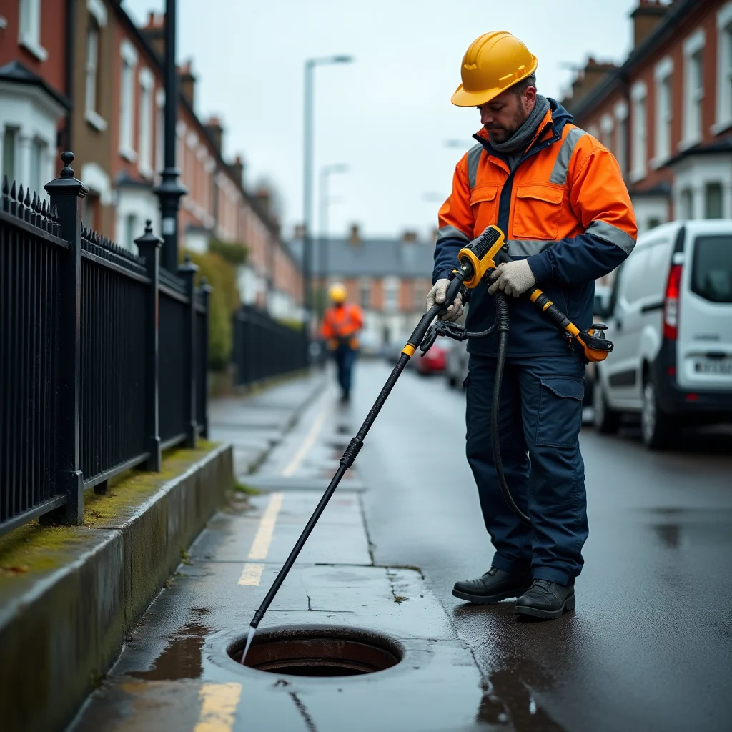 Professional drainage engineer using high-pressure jetting equipment on a blocked drain in a London residential street