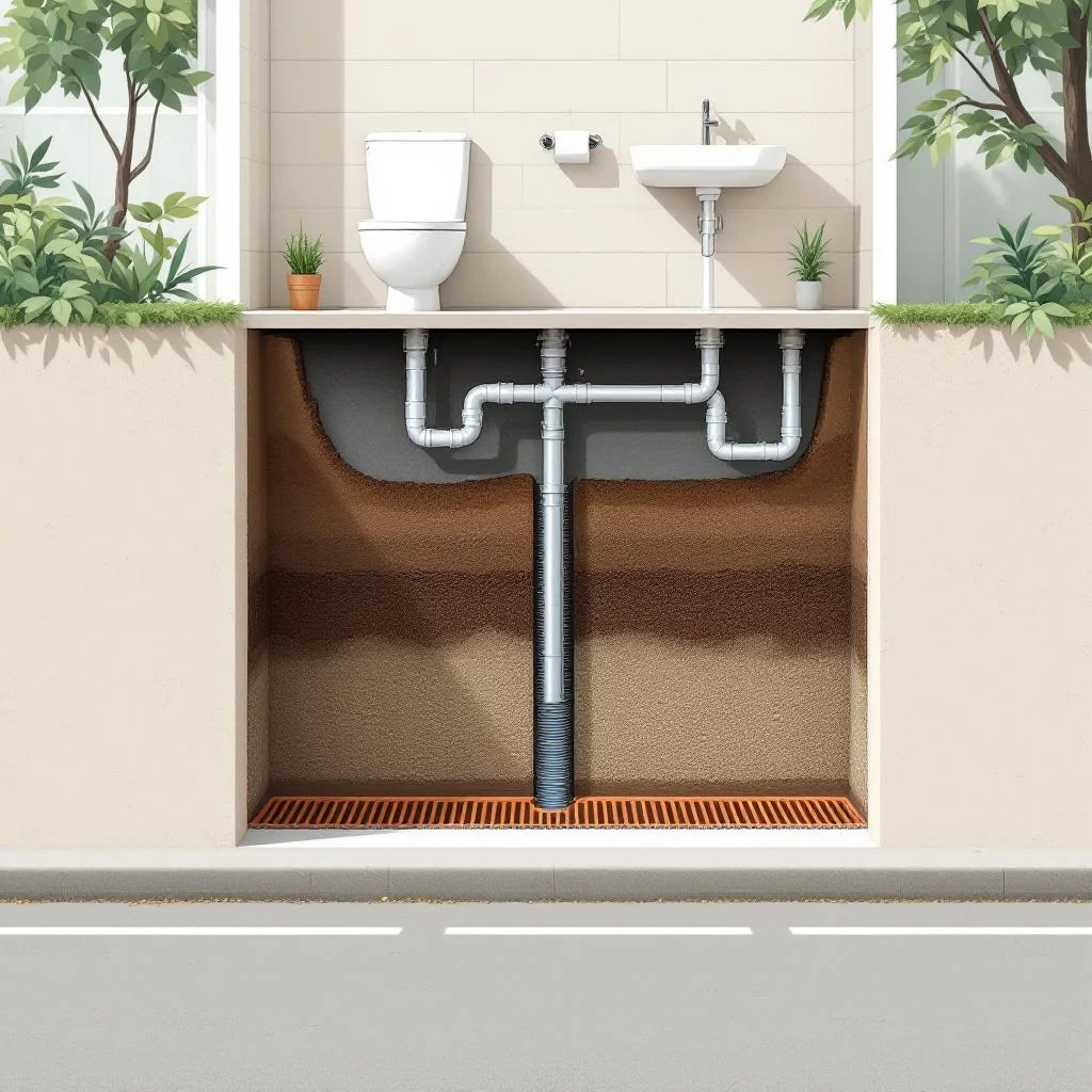 Clean editorial cross-section illustration showing a residential property with drain running under the house to the boundary, lateral drain continuing under the pavement, and a larger public sewer beneath the road