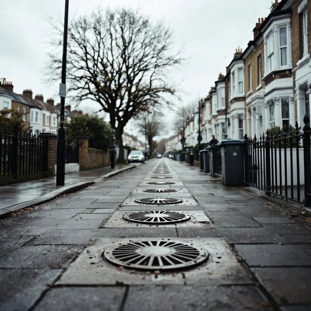 London residential street showing inspection chamber covers at regular intervals along the pavement, implying the public sewer beneath, overcast daylight