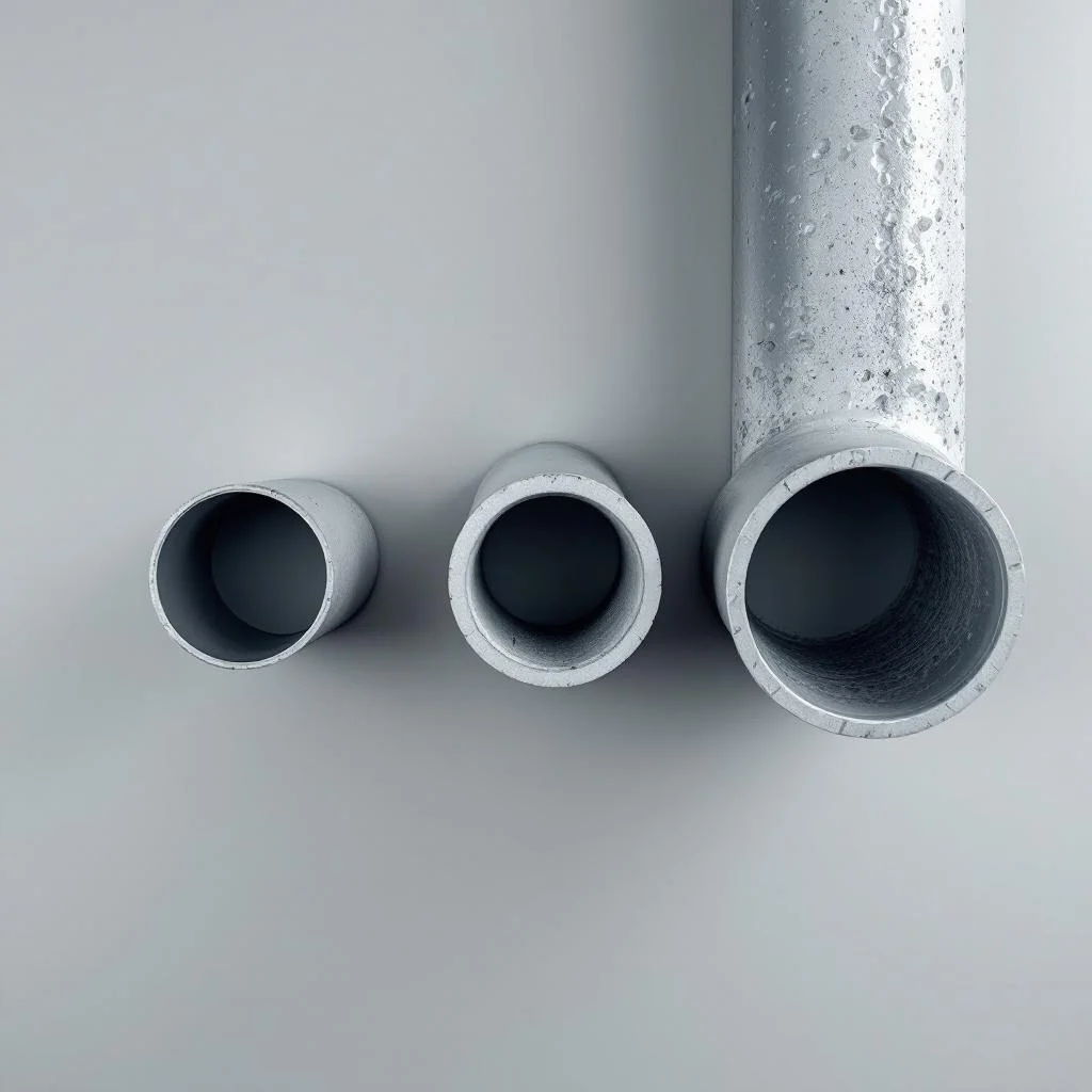 Three different-sized pipe cross-sections laid side by side on a clean surface — a small internal drain pipe, a medium lateral drain pipe, and a large sewer section, overhead studio light