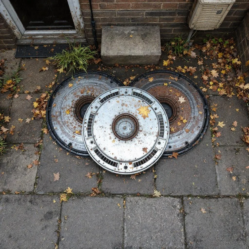 Small cluster of three inspection chamber covers at the rear of a converted London property, slightly different ages, overcast daylight, overhead angle