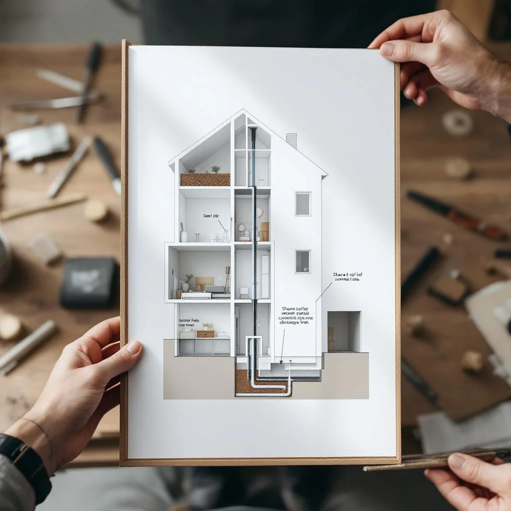 Clean architectural cross-section illustration of a three-flat converted Victorian house showing shared soil and waste pipes running down the building to a shared drainage run at ground level, flat minimal style, muted palette