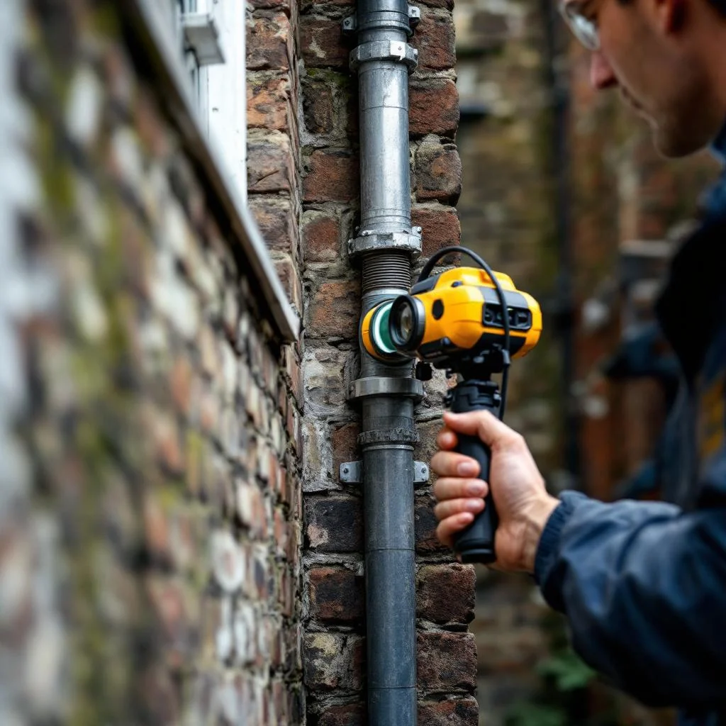Drain survey camera being fed into a vertical downpipe at the exterior corner of a London terraced house, overcast daylight, close angle, equipment generic and unbranded