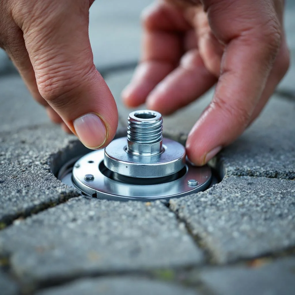 Hands unscrewing a rodding eye cap on a small access point set into external paving, shallow depth of field, documentary lighting, hands visible but not the person