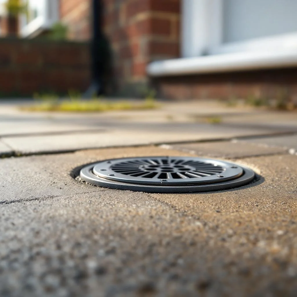 Small rodding eye access point — a circular threaded drain access fitted into a paving stone at the rear of a London house, close angle, soft daylight