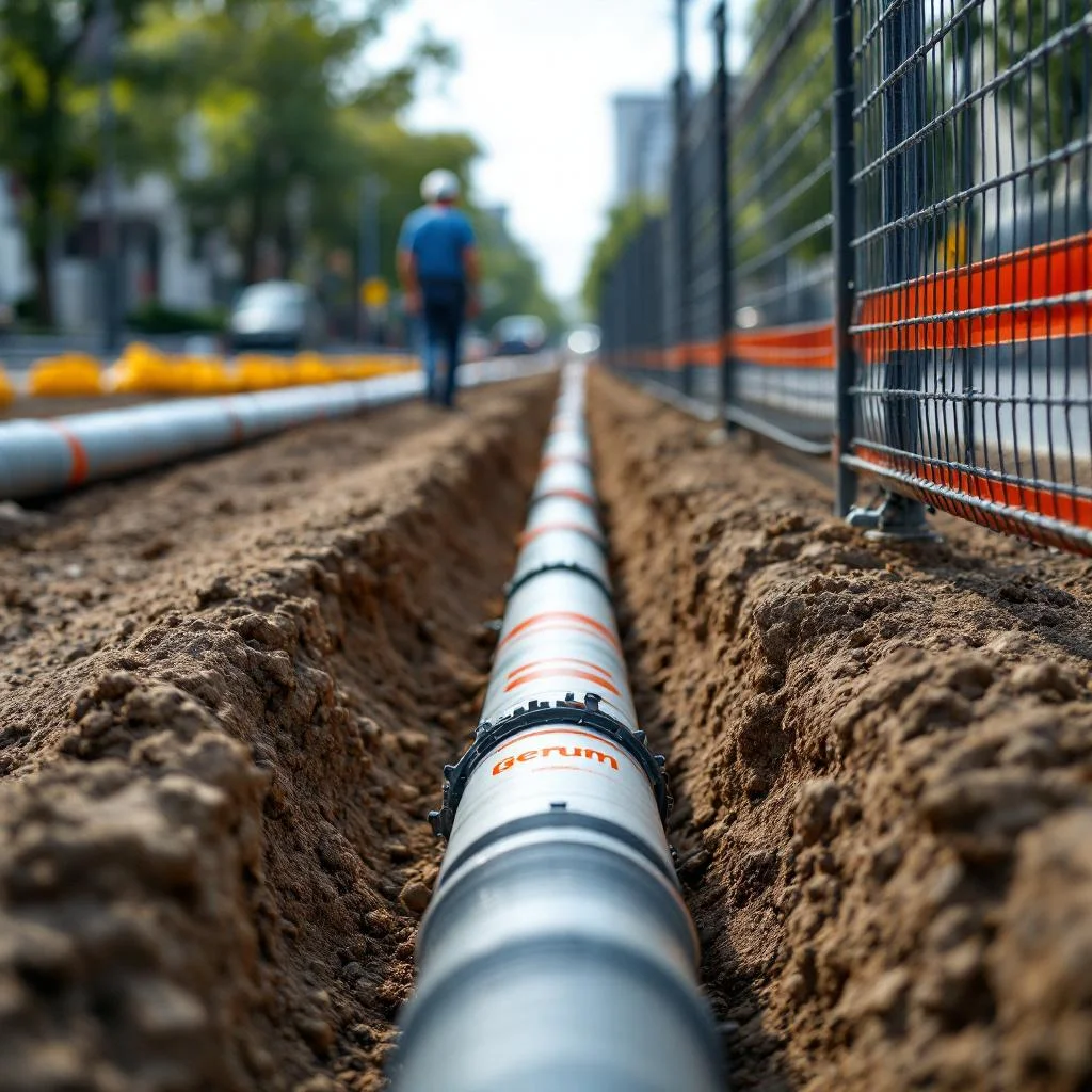 Temporary above-ground pipe running through a small neat diversion around a construction fence, marked with generic orange paint, shallow depth of field, no logos or text
