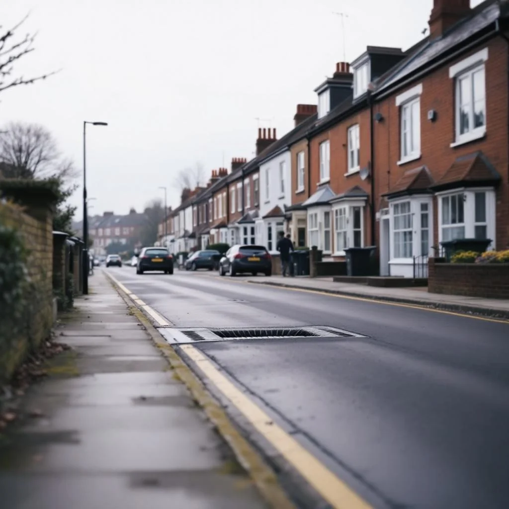 Row of West London suburban houses with a recently resurfaced section of road visible where drainage works have been completed, overcast daylight, wide angle, no signs