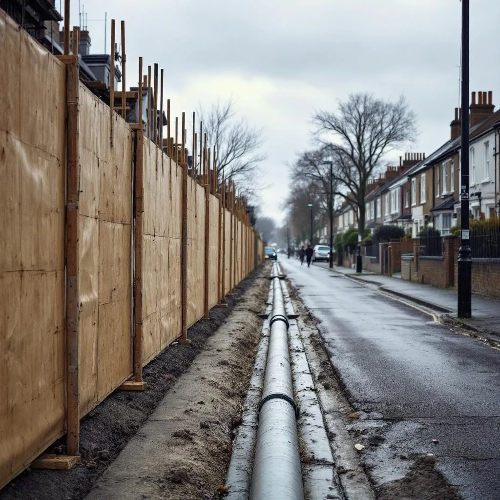 West London residential street with construction hoarding along one side, a diverted drainage pipe visible running along a temporary route at ground level, overcast daylight