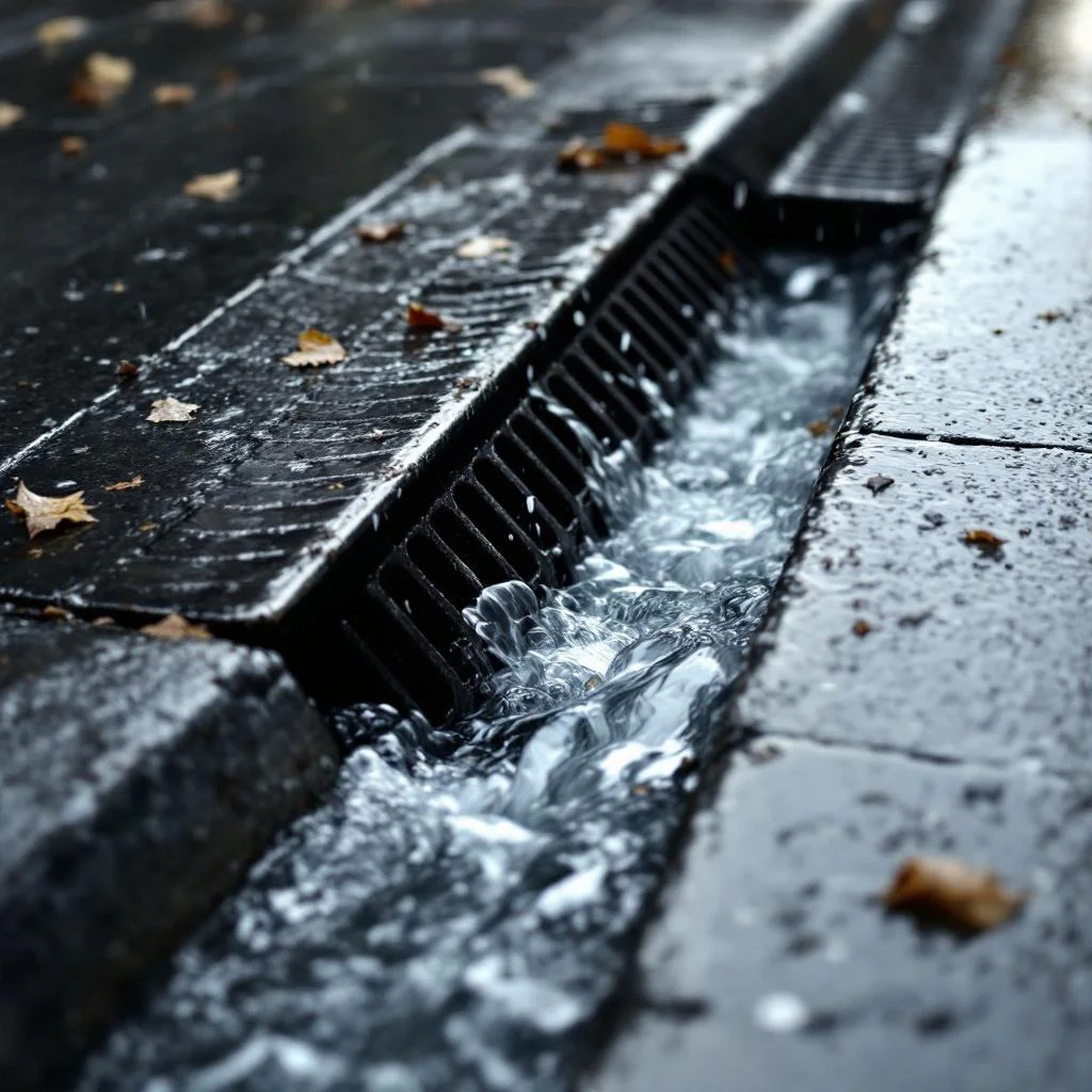 Metal gully drain at the bottom of a sloping street partially submerged in fast-moving rainwater carrying small leaves and debris, documentary style, muted daylight