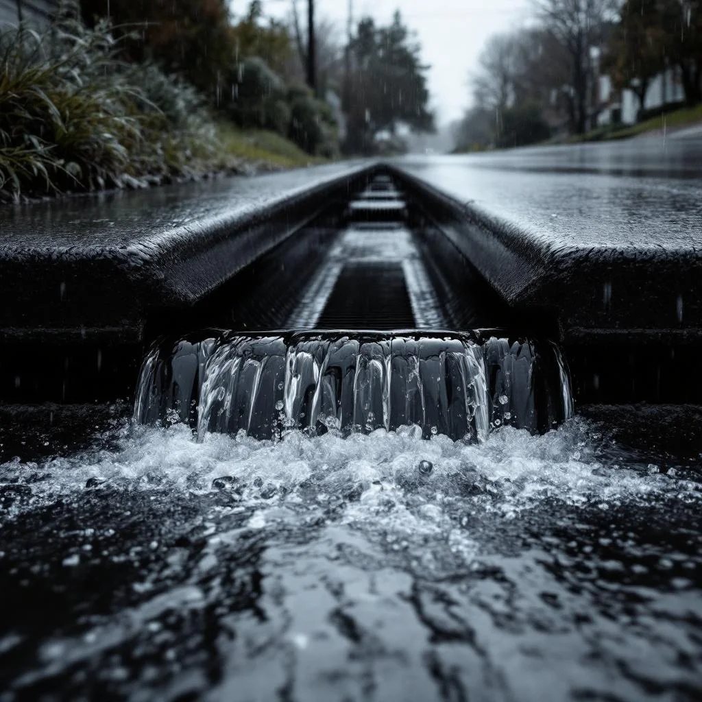 Rainwater running rapidly along a sloped street gutter toward a drainage gully at the bottom of the hill, overhead angle, overcast light