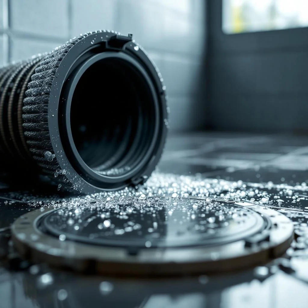 Coiled high-pressure jetting hose on a damp tiled surface beside an open inspection chamber cover, shallow depth of field, natural daylight