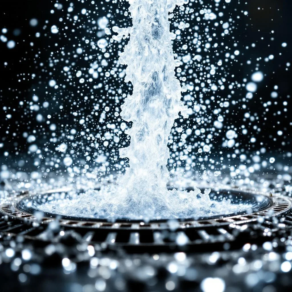 Powerful water jet emerging from a drain pipe into a clean inspection chamber, droplets frozen mid-air, shaft of sunlight catching the spray