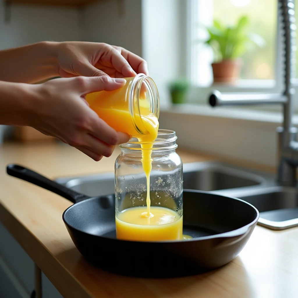 Hands carefully pouring cooled solidified cooking fat from a pan into a glass jar on a kitchen counter rather than into the sink drain
