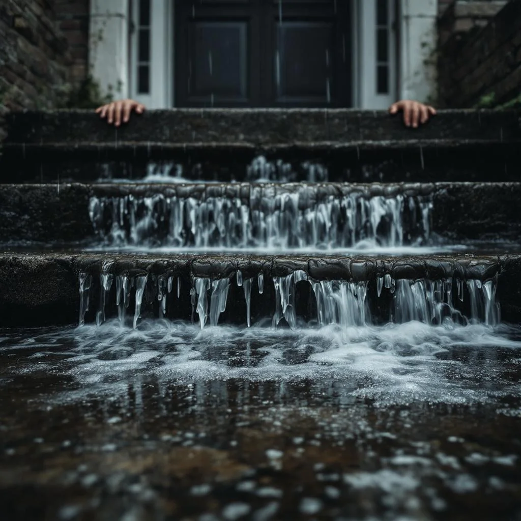 Rainwater cascading down stone steps toward a below-ground basement flat doorway, water pooling at the threshold, dramatic grey light