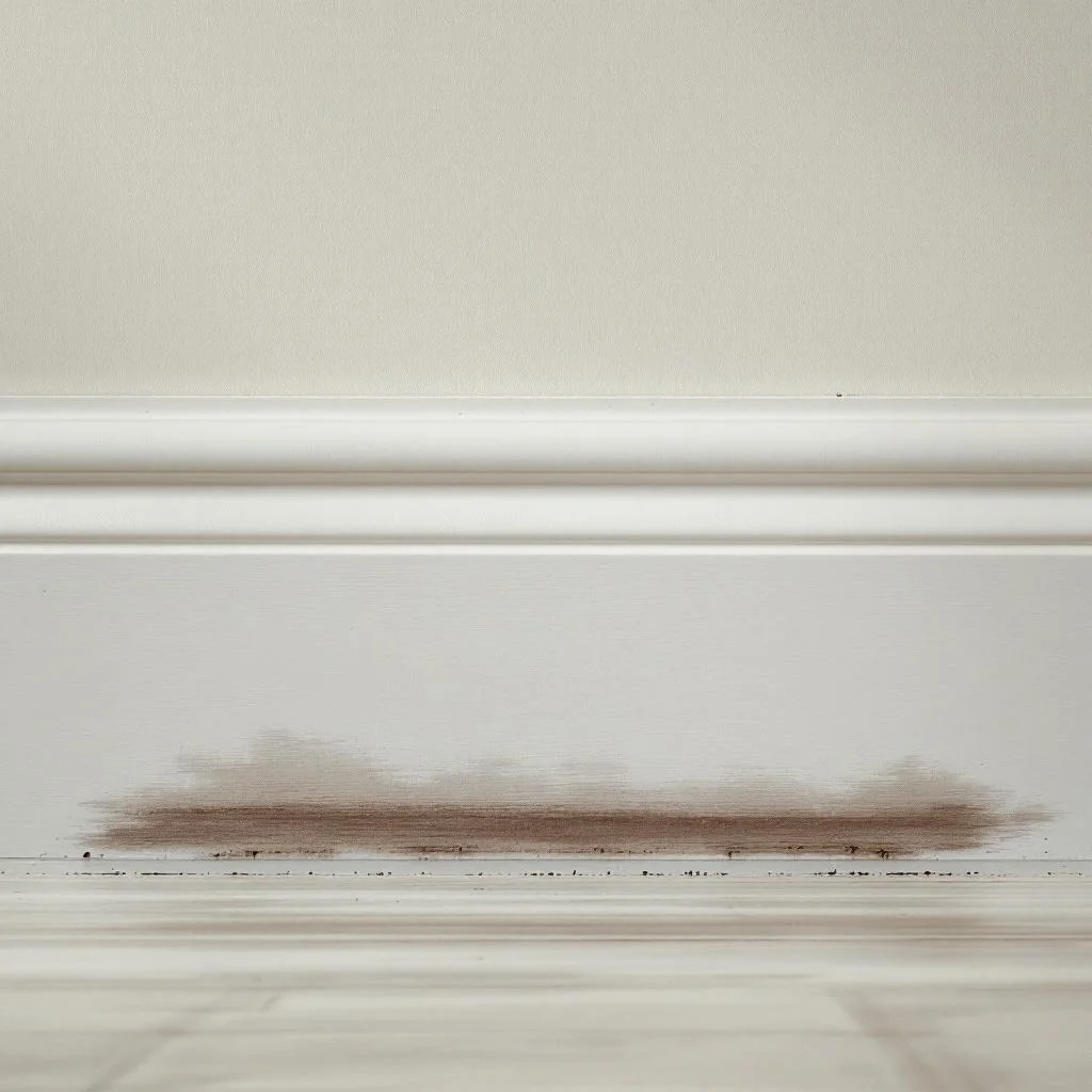 Tidemark stain along the lower portion of a painted interior skirting board indicating previous water ingress, soft interior light, shallow depth of field