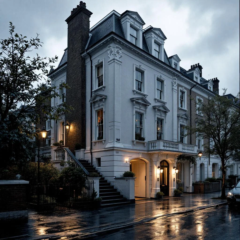 Elegant West London stucco-fronted townhouse with steps descending to basement flat entrance, heavy rain, puddles forming at the bottom of steps