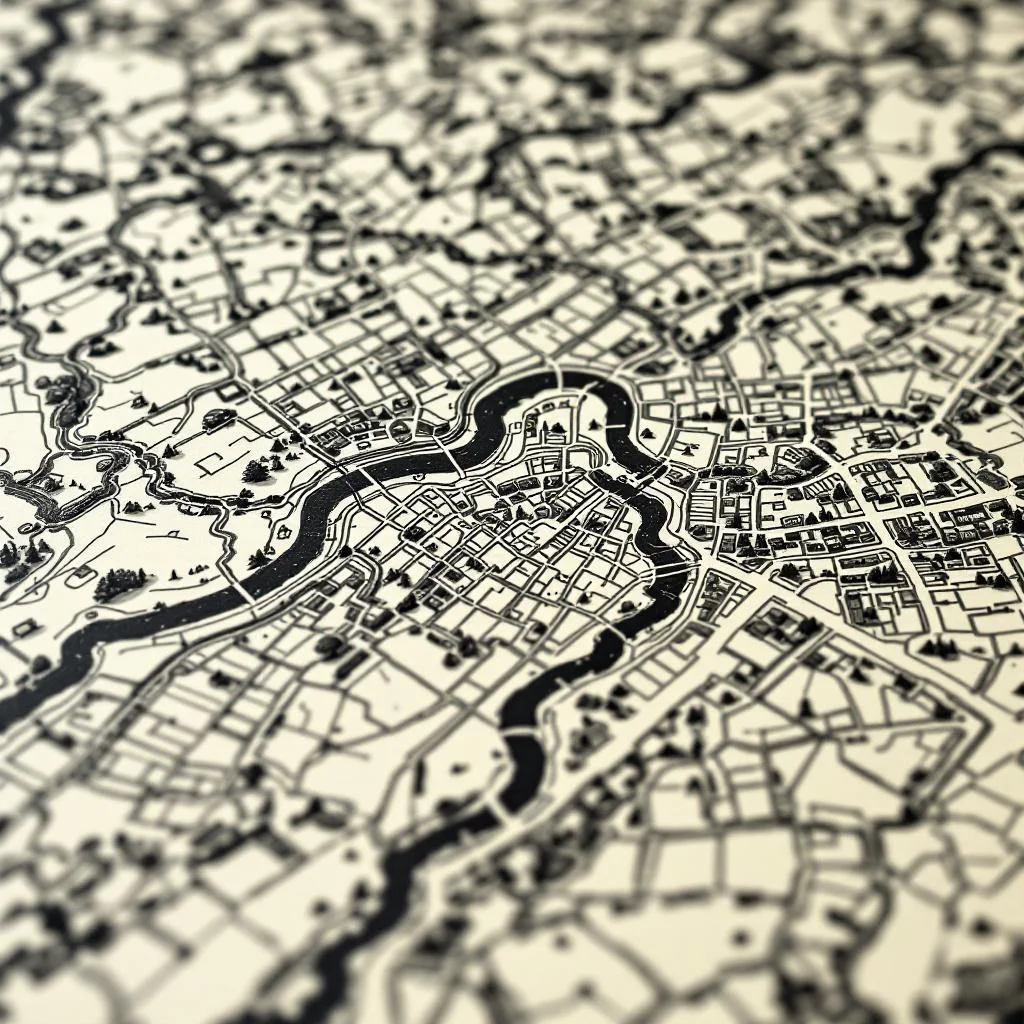 Hand-drawn antique-style map detail in black ink on cream paper showing a stylised section of South London with a winding river line, vintage engraving aesthetic, no readable text