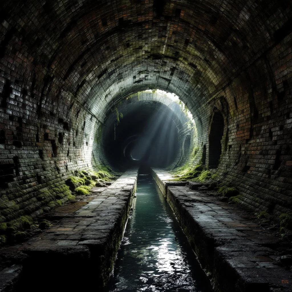 Atmospheric brick-arched Victorian sewer tunnel echoing a lost London river, trickle of water in the channel, shafts of pale light from a distant manhole